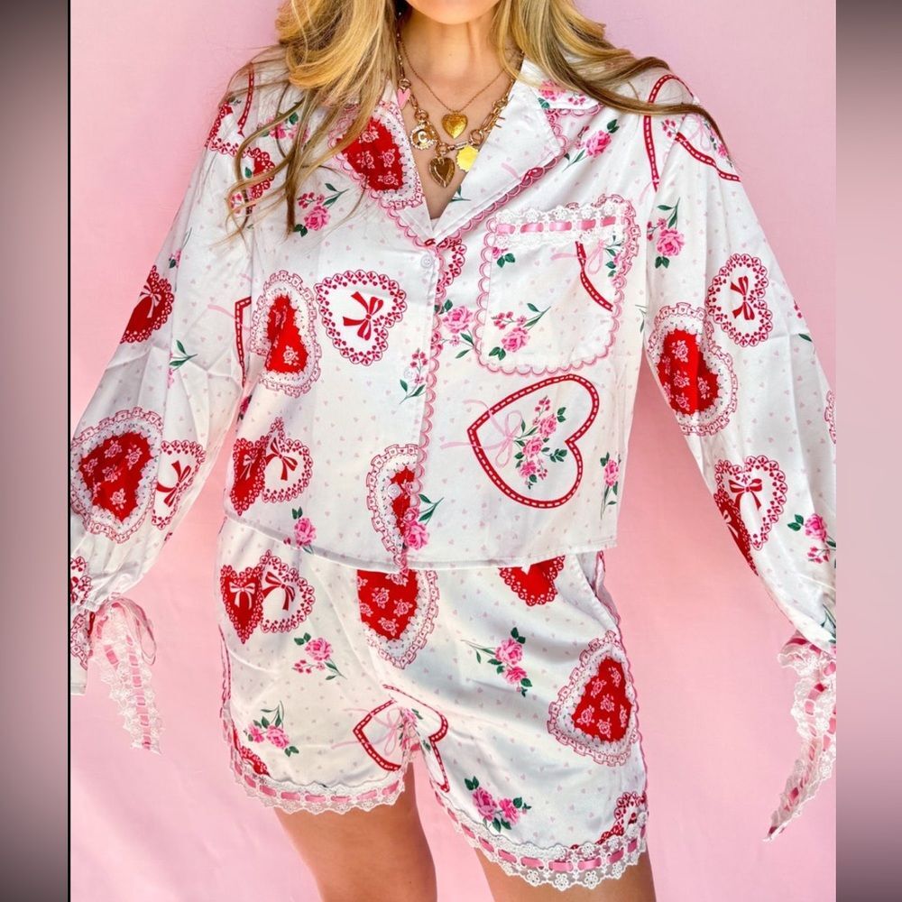 NEW Sweetheart Floral Lace Trim 100% Viscose Pajama Shorts Set Size Large